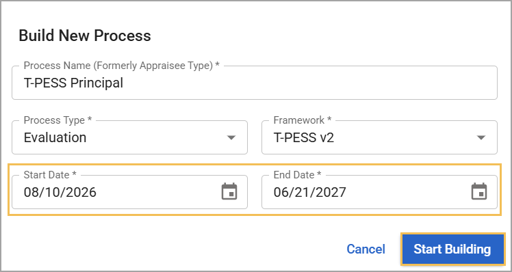 Modal to build a new T-PESS evaluation process with start and end dates.